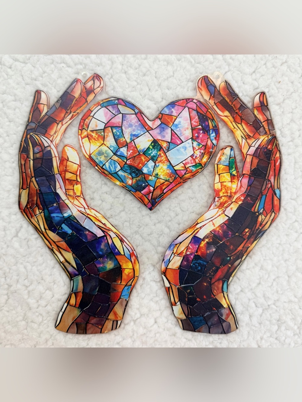 Multicolor Mosaic / Faux Stained Glass Heart and Hands Hanging Wall Art, OS - Picture 6 of 10